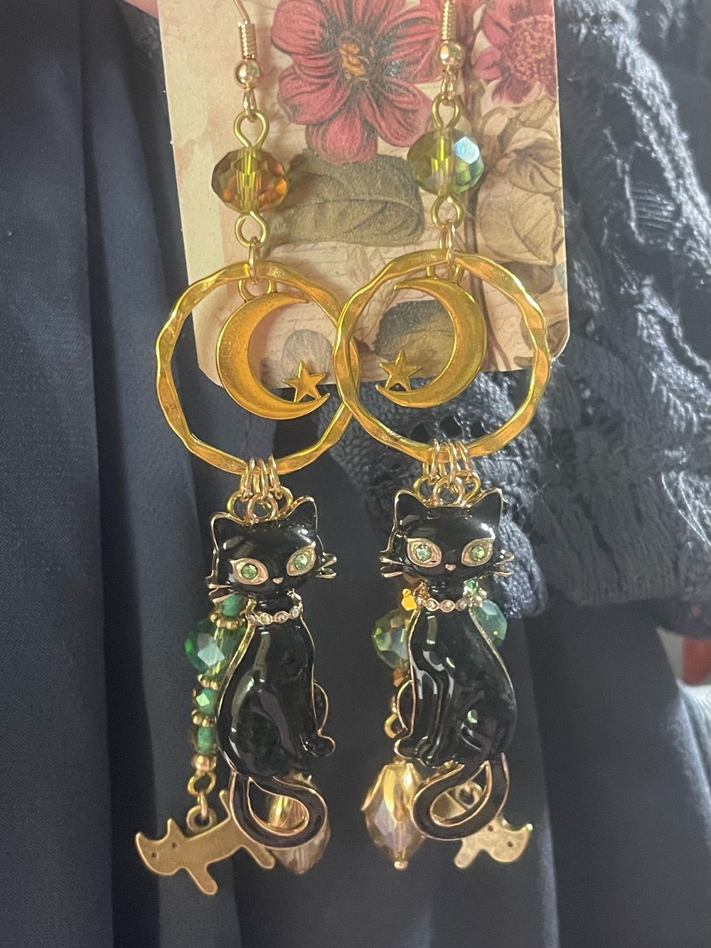 Hand Crafted Celestial Black Cat Drop Earrings with Green Gems